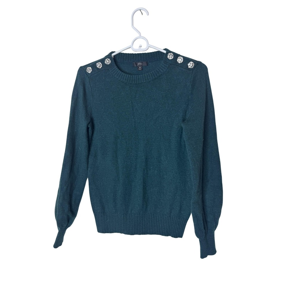 J Crew Sweater Womens XS Green Rhinestone Button Shoulder Crewneck Pullover Knit